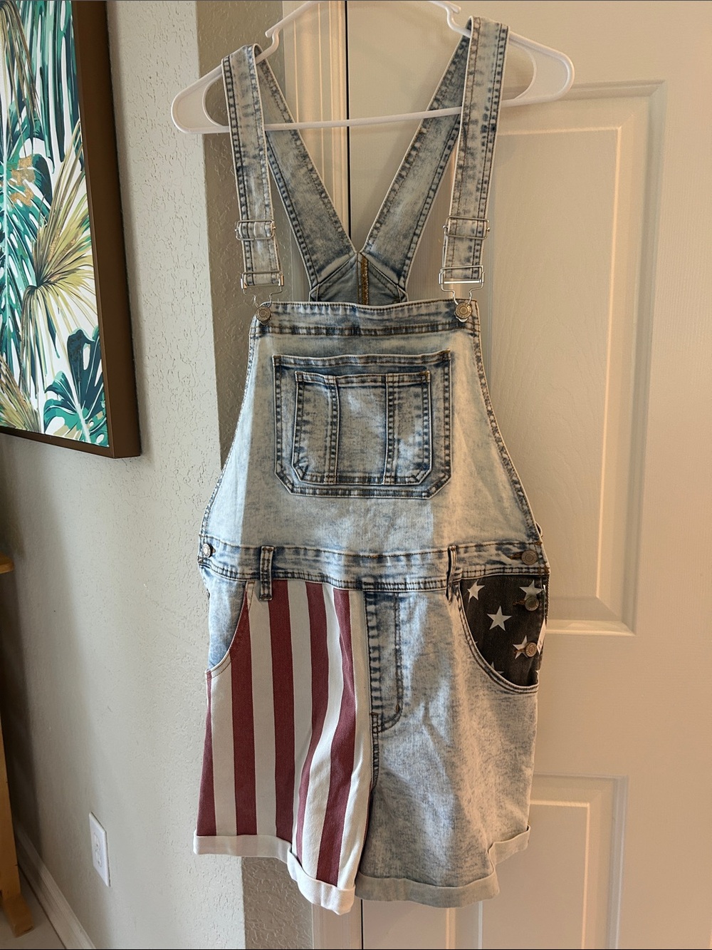 Maurices Light Blue Acid-Wash Denim Overalls with Red & Navy Flag Pockets
